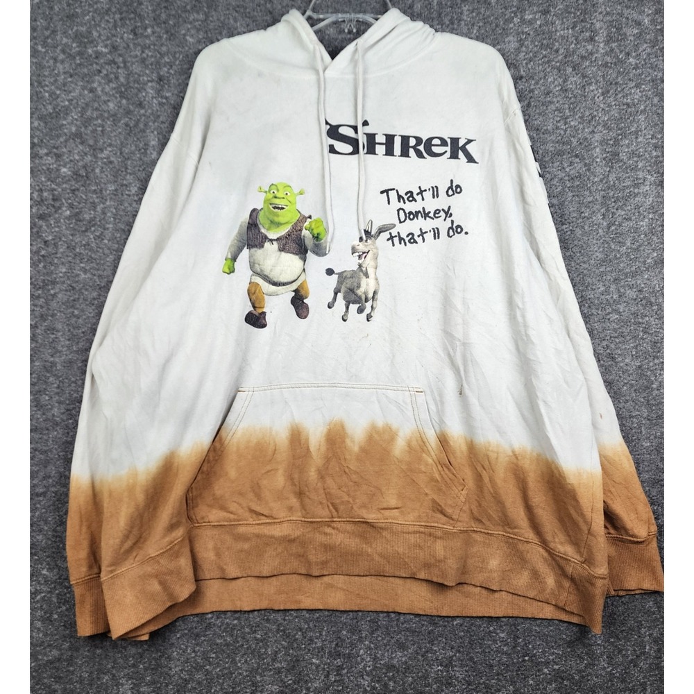 Shrek Hoodie Mens 3XL White Tan Dip Dye Donkey Graphic Sweatshirt Movie Merch